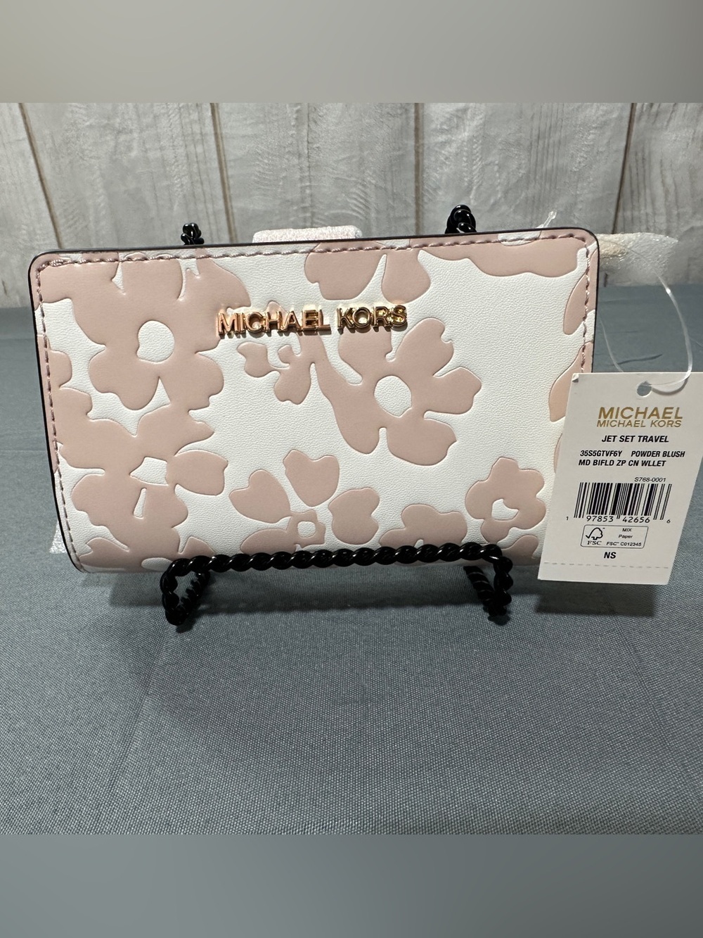 Michael Kors Pink & White Floral Appliqué Wallet with Gold Logo